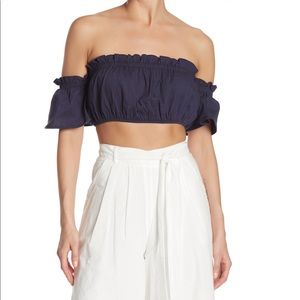 4SI3NNA Blue Off Shoulder Crop Top